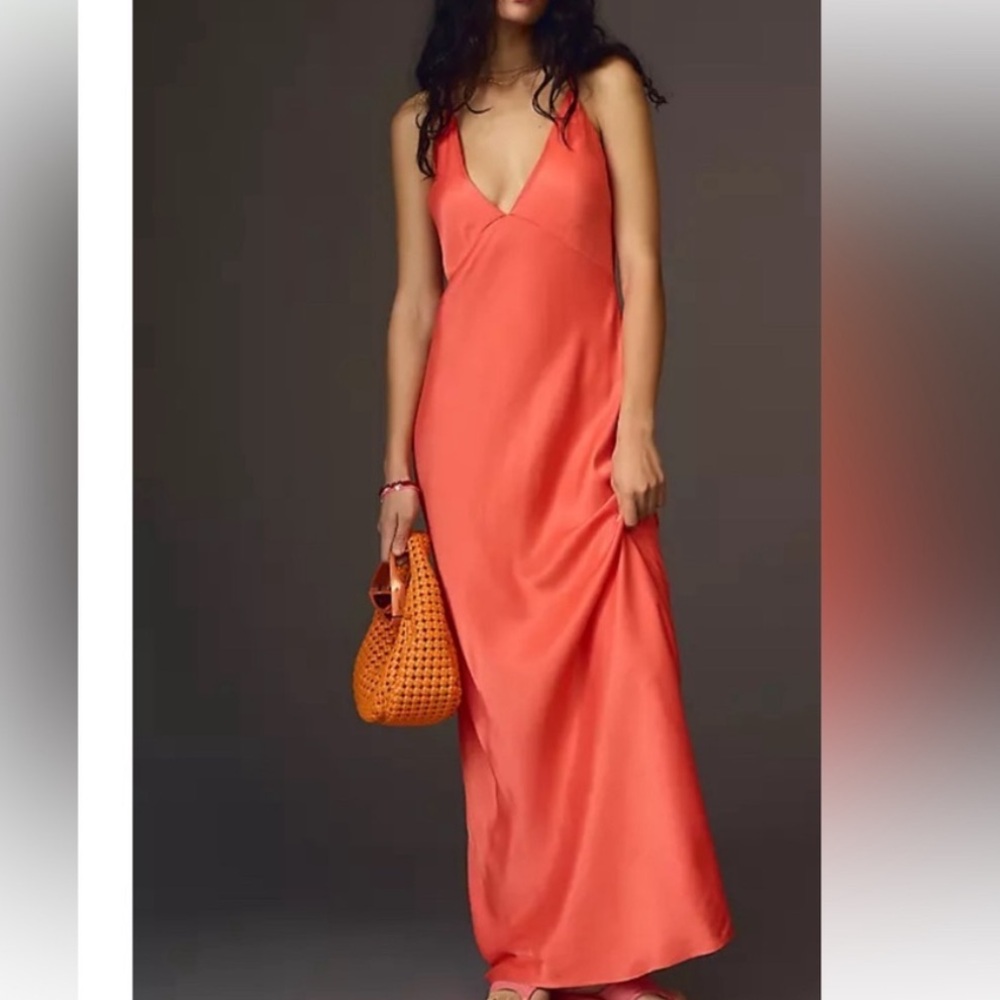 NWT Anthropologie neon orange maxi slip dress medium